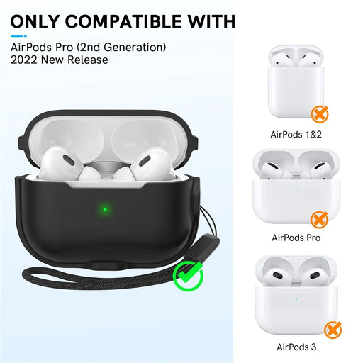 AHASTYLE WE15 Silicone Cover for AirPods Pro 2 Case Magnetic Wireless Charging Headset Protective Case with Strap - Black - 2