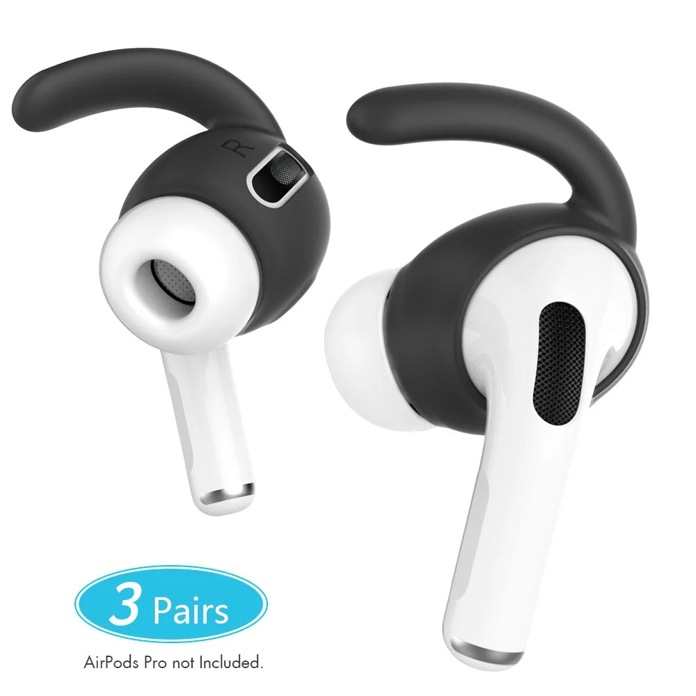 AHASTYLE PT60-Pro 3 Pairs Silicone Ear Hooks for AirPods Pro Anti-Skid Earhook Anti-Lost Ear Tips with Storage Case - Black - 2