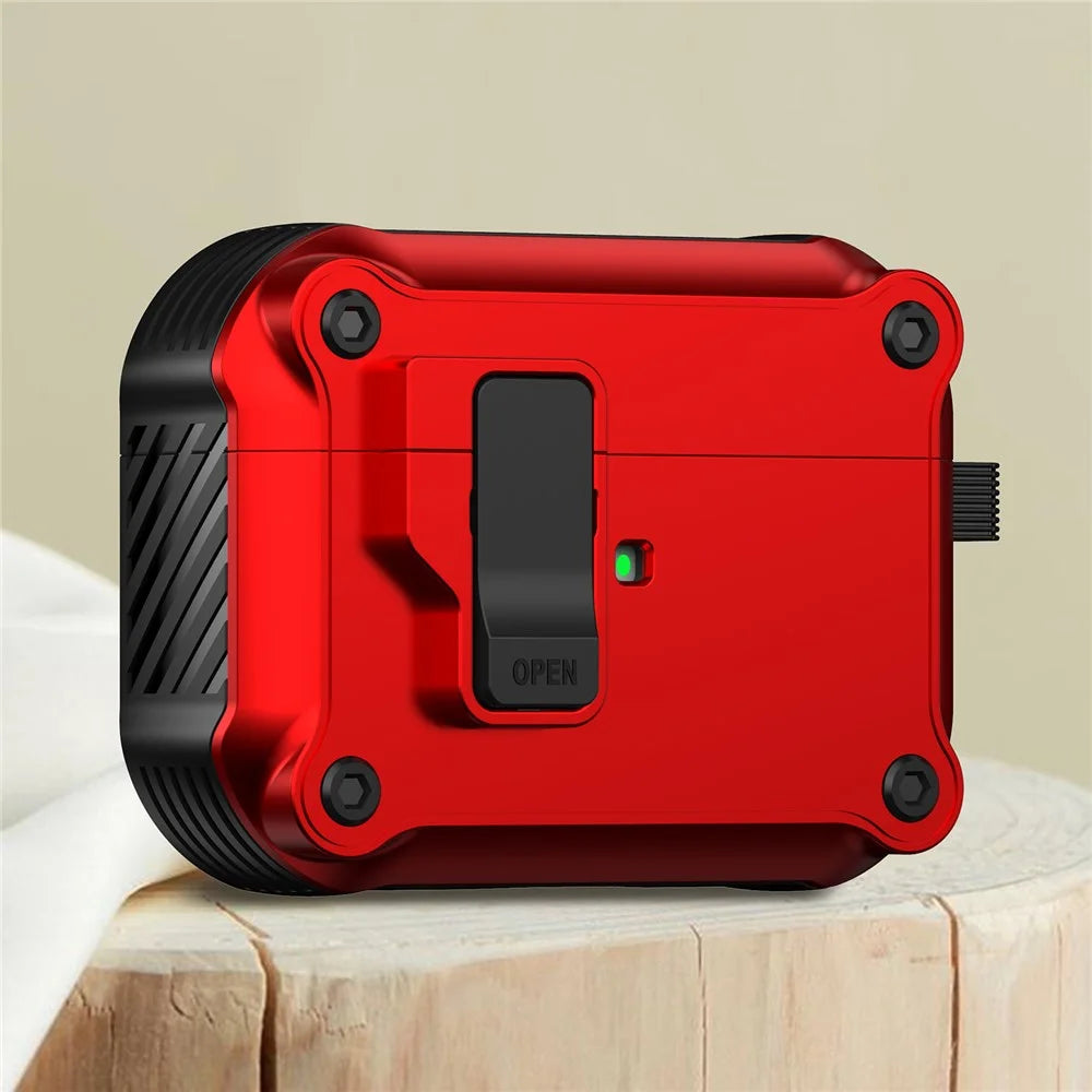 Earphone Case for Apple AirPods Pro 2, Bluetooth-compatible Earbuds TPU+PC Cover with Auto Opening Lock and Carabiner - Red - 2