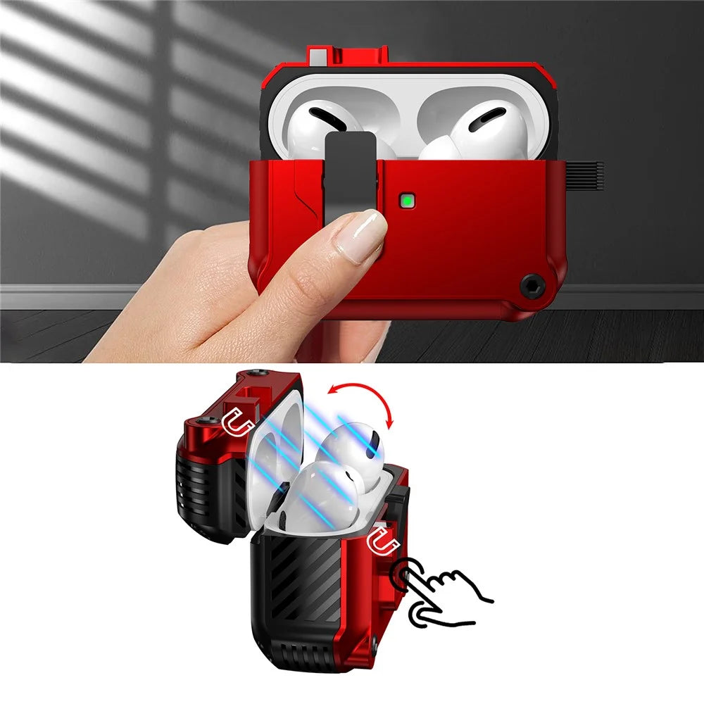 Earphone Case for Apple AirPods Pro 2, Bluetooth-compatible Earbuds TPU+PC Cover with Auto Opening Lock and Carabiner - Red - 3
