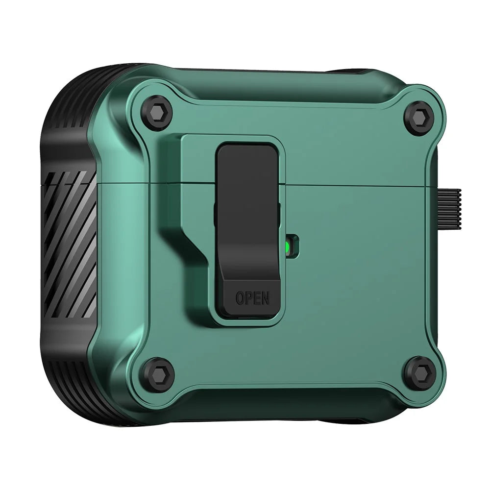 Protective Case for Apple AirPods 3 Case TWS Earbuds TPU+PC Cover with Auto Opening Lock and Carabiner - Green - 1