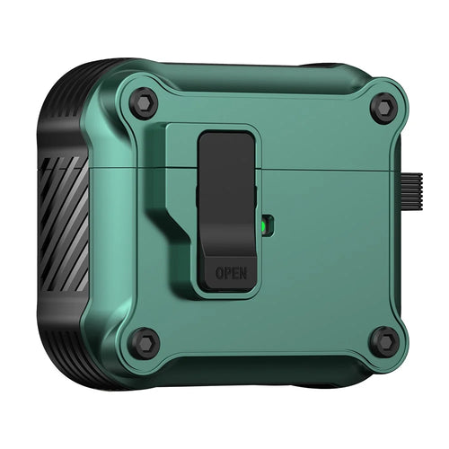Protective Case for Apple AirPods 3 Case TWS Earbuds TPU+PC Cover with Auto Opening Lock and Carabiner - Green - 1