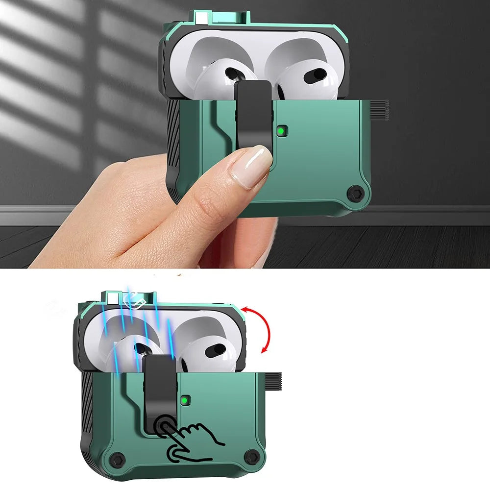 Protective Case for Apple AirPods 3 Case TWS Earbuds TPU+PC Cover with Auto Opening Lock and Carabiner - Green - 2