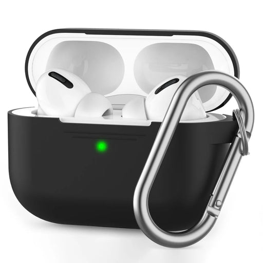AHASTYLE PT-P1 Earphone Silicone Case for Apple AirPods Pro, Earbud Charging Box Full Protection Cover with Carabiner - Black - 1