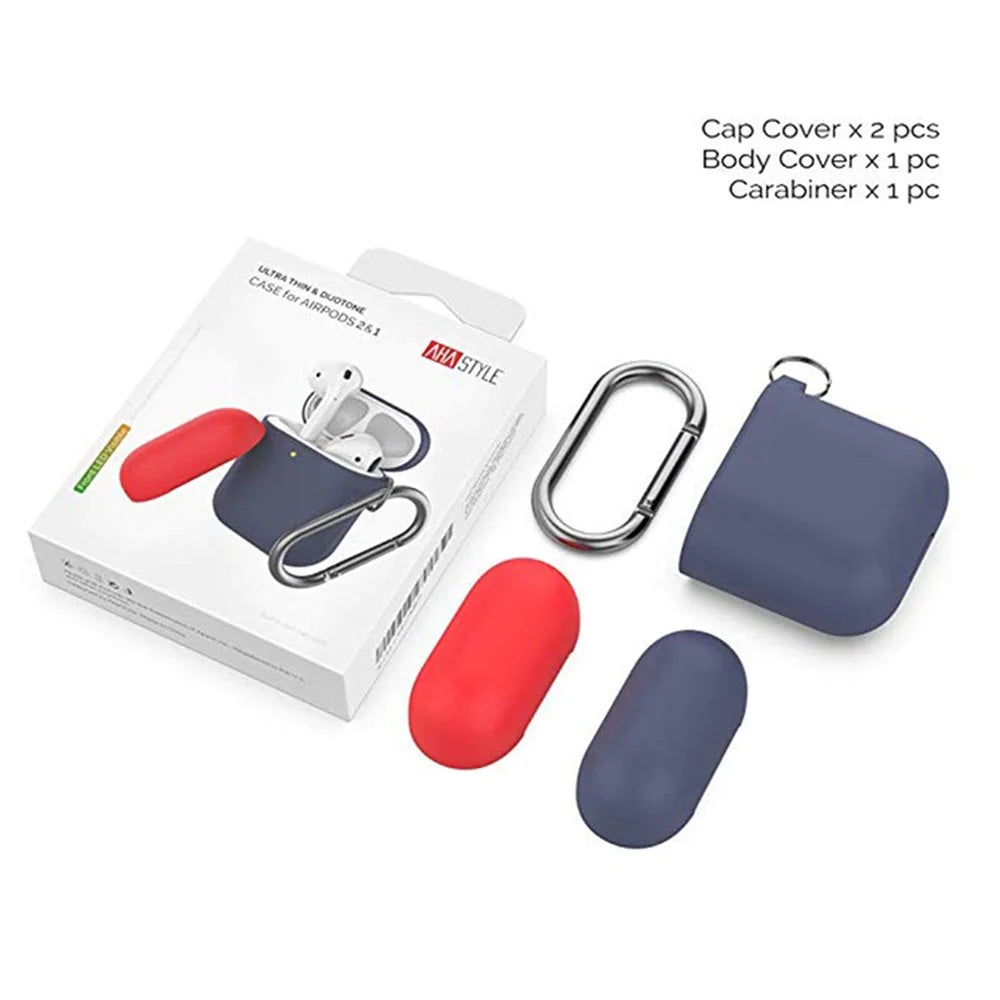 AHASTYLE PT-46 For AirPods with Charging Case (2016) / (2019) / AirPods with Wireless Charging Case (2019) Contrast Color Splittable Cover Silicone Anti-drop Sleeve - Body-Navy Blue / Top-Navy Blue,Red - 5