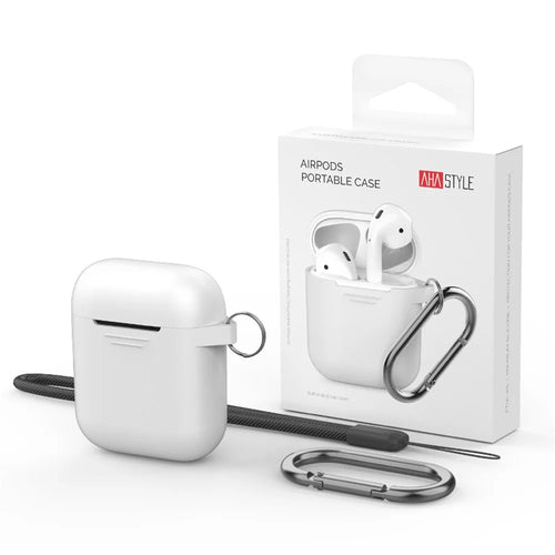 AHASTYLE PT-06-3 For AirPods with Charging Case (2016) / (2019) / AirPods with Wireless Charging Case (2019) Anti-dust Plug Design Soft Silicone Drop-proof Cover with Hook - White - 1