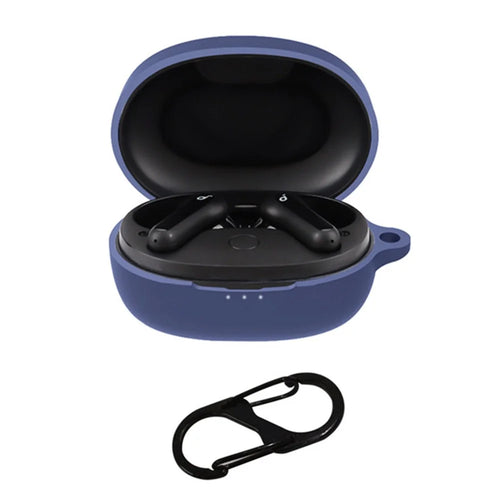For Anker SoundCore Life P2 Mini Wireless Earphone Case Silicone Protector Cover with Anti-loss Buckle - Dark Blue - 1