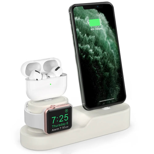 AHASTYLE PT28-3 For Apple Watch / AirPods / iPhone 3-in-1 Silicone Charging Stand Desktop Charging Base - White - 1