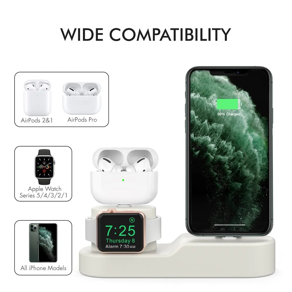 AHASTYLE PT28-3 For Apple Watch / AirPods / iPhone 3-in-1 Silicone Charging Stand Desktop Charging Base - White - 2