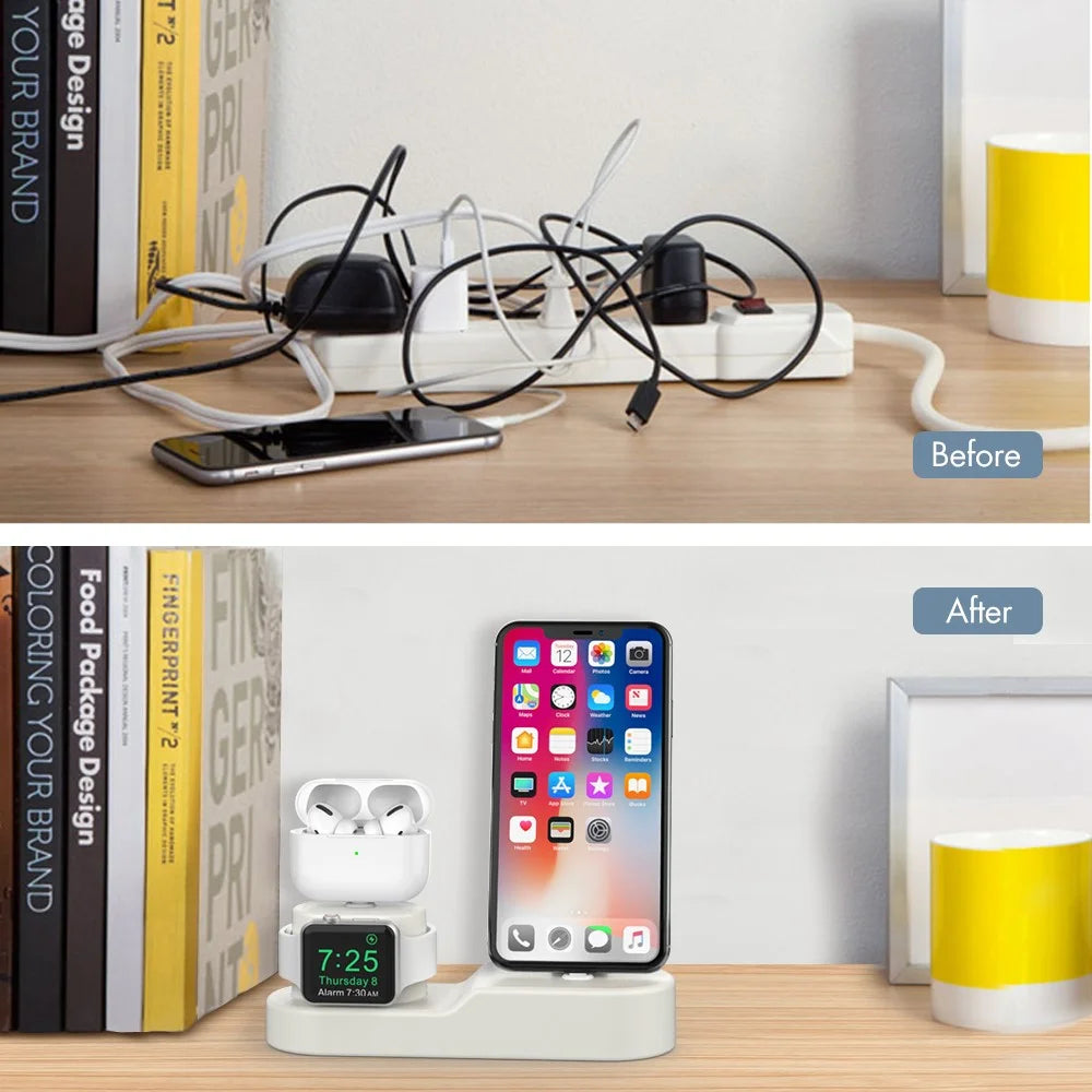 AHASTYLE PT28-3 For Apple Watch / AirPods / iPhone 3-in-1 Silicone Charging Stand Desktop Charging Base - White - 5