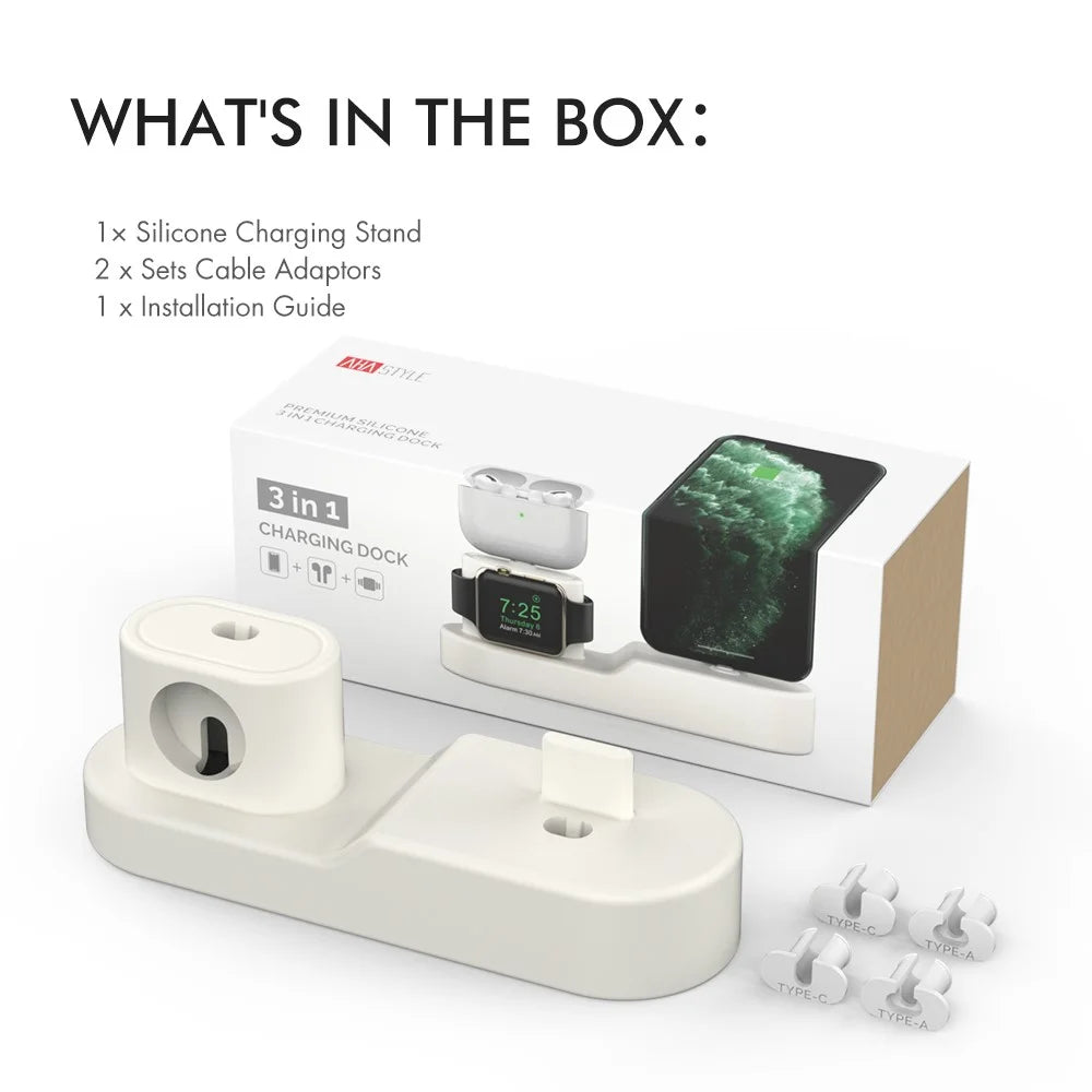 AHASTYLE PT28-3 For Apple Watch / AirPods / iPhone 3-in-1 Silicone Charging Stand Desktop Charging Base - White - 7