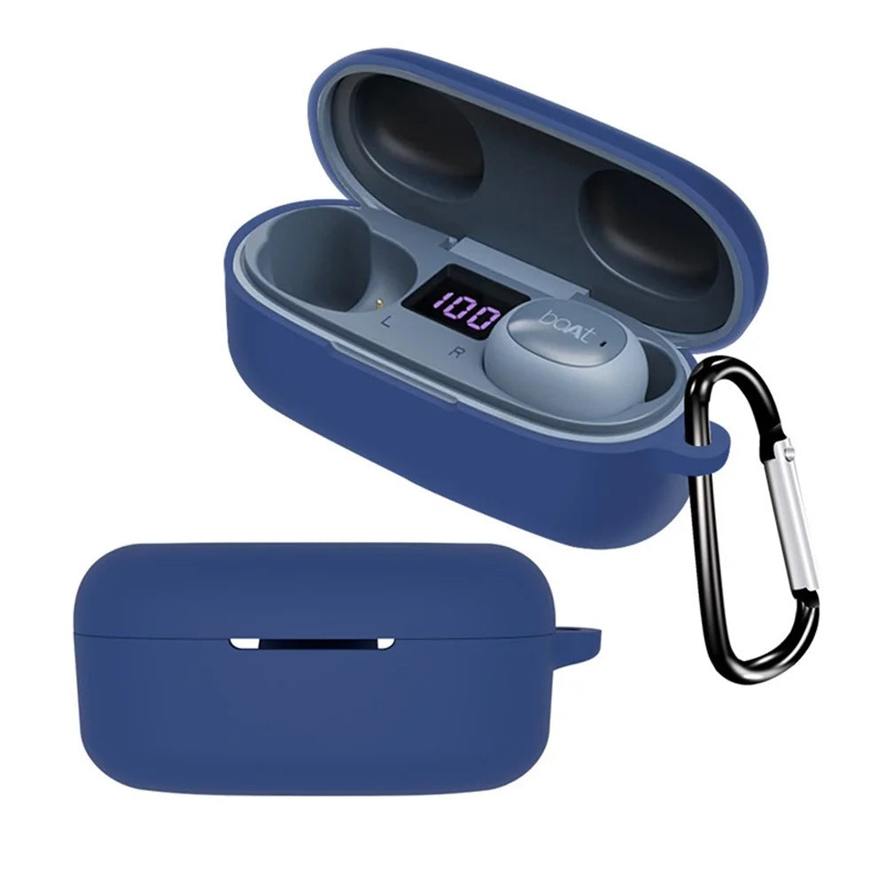 Silicone Case for Boat Airdopes 121 V2 Protective Cover Bluetooth-compatible Earbuds Case Cover with Anti-Loss Buckle - Dark Blue - 1