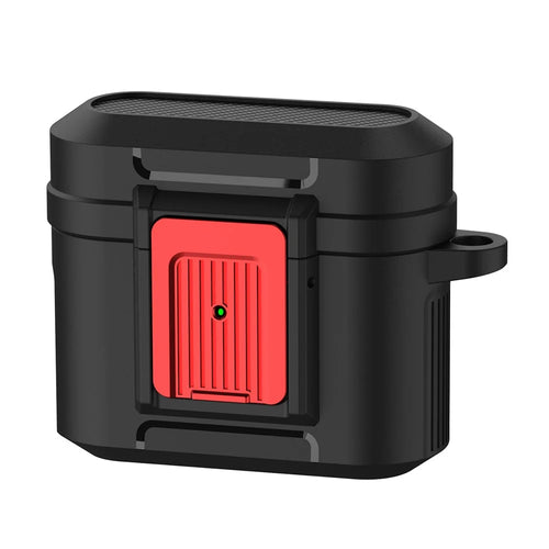 For Apple AirPods 3 Earphone Case PC + TPU Lock Design Earbud Cover with Hanging Buckle - Black  /  Red - 1