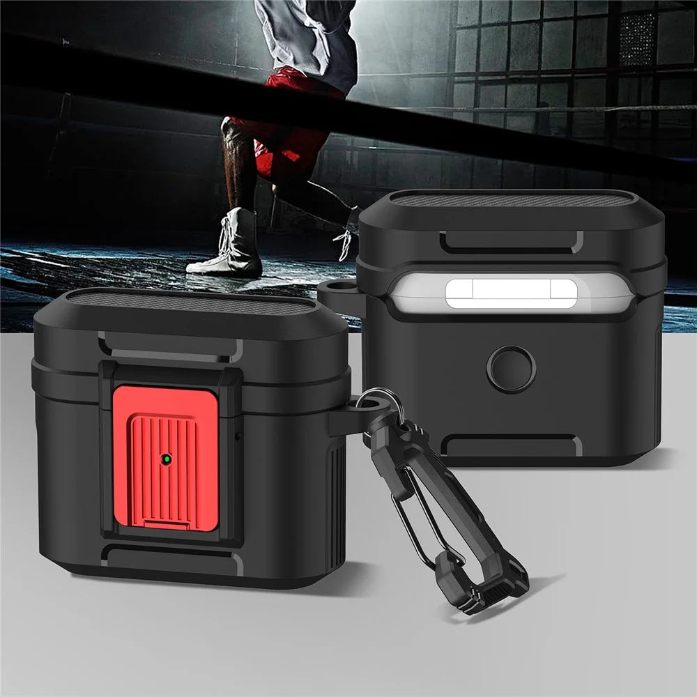 For Apple AirPods 3 Earphone Case PC + TPU Lock Design Earbud Cover with Hanging Buckle - Black  /  Red - 2