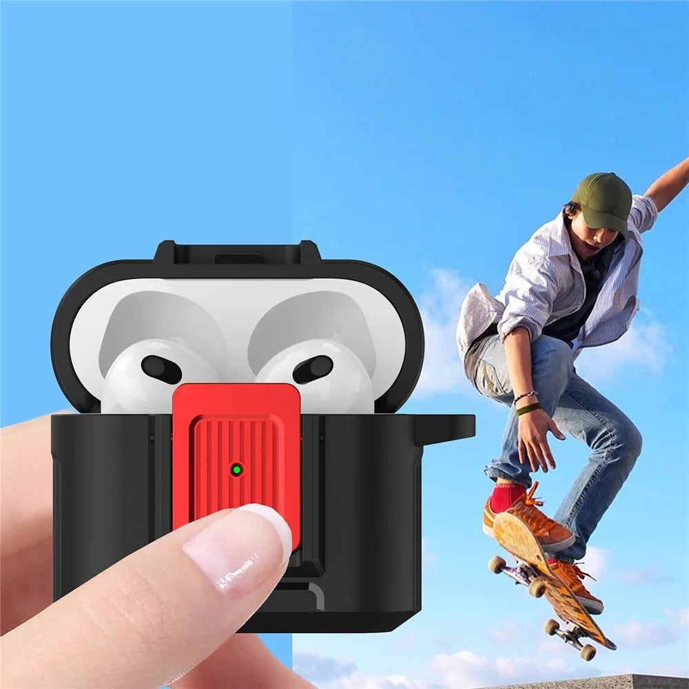 For Apple AirPods 3 Earphone Case PC + TPU Lock Design Earbud Cover with Hanging Buckle - Black  /  Red - 3
