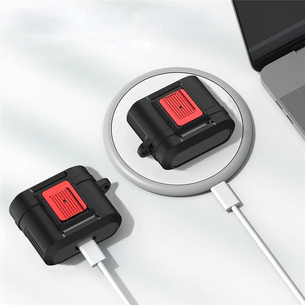 For Apple AirPods 3 Earphone Case PC + TPU Lock Design Earbud Cover with Hanging Buckle - Black  /  Red - 4