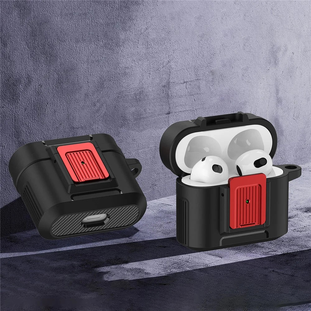 For Apple AirPods 3 Earphone Case PC + TPU Lock Design Earbud Cover with Hanging Buckle - Black  /  Red - 5