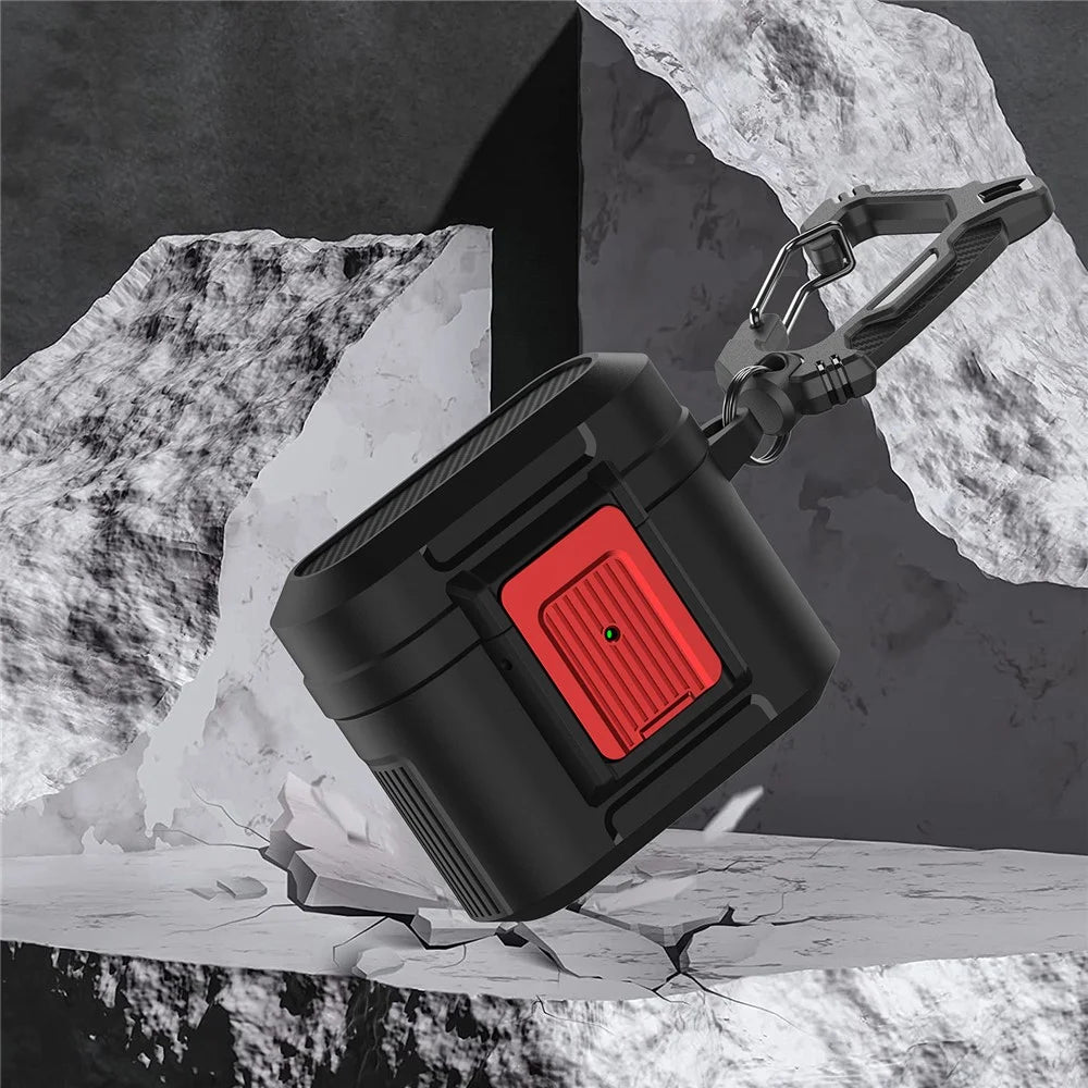 For Apple AirPods 3 Earphone Case PC + TPU Lock Design Earbud Cover with Hanging Buckle - Black  /  Red - 6