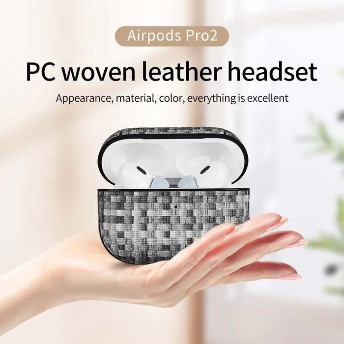 For AirPods Pro (Gen 2) (USB-C) / Pro 2 Woven Texture PU Leather + PC Drop-proof Case Bluetooth-compatible Earphone Protective Cover - Burlap Gray - 2