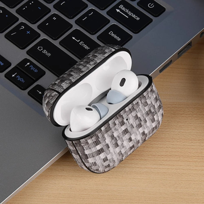 For AirPods Pro (Gen 2) (USB-C) / Pro 2 Woven Texture PU Leather + PC Drop-proof Case Bluetooth-compatible Earphone Protective Cover - Burlap Gray - 4