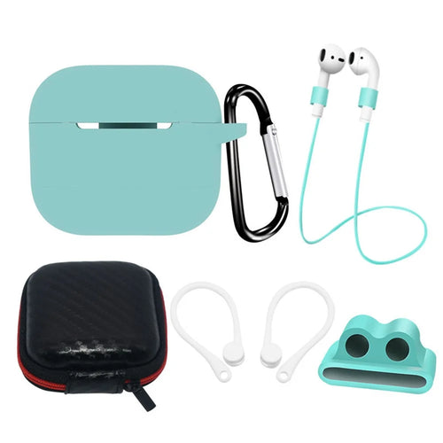 6 in 1 For Apple AirPods 3 Portable Carrying Bag Headset Silicone Case Set with Earbuds Holder / Anti-Lost Neck Strap - Mint Green - 1