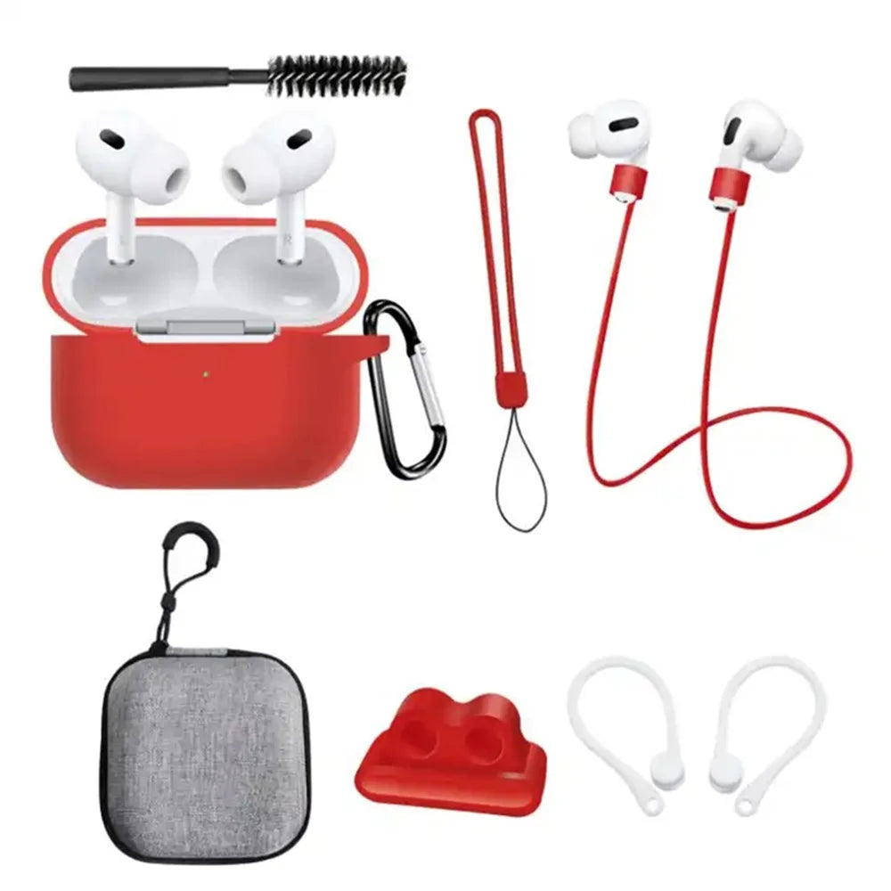 8 in 1 Portable Storage Bag Set for AirPods Pro 2 Silicone Case with Strap / Neck Strap / Cleaning Brush - Red - 1