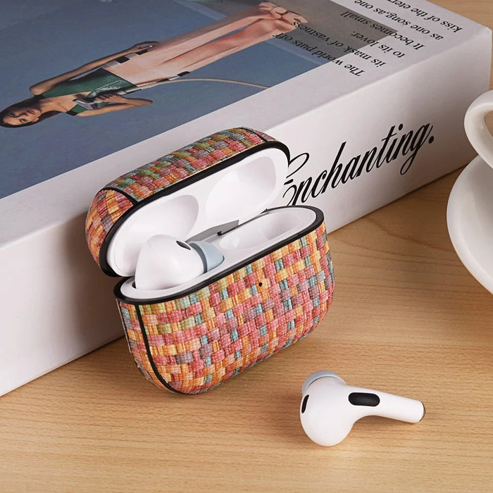 For Apple AirPods Pro Woven Texture PU Leather + PC Case Bluetooth-compatible Earphone Protective Cover - Pink - 3