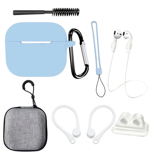 For Apple AirPods 3 Silicone Protective Cover Anti-lost Rope Hanging Buckle Ear Hook 8-in-1 Accessories Kit - Blue - 1