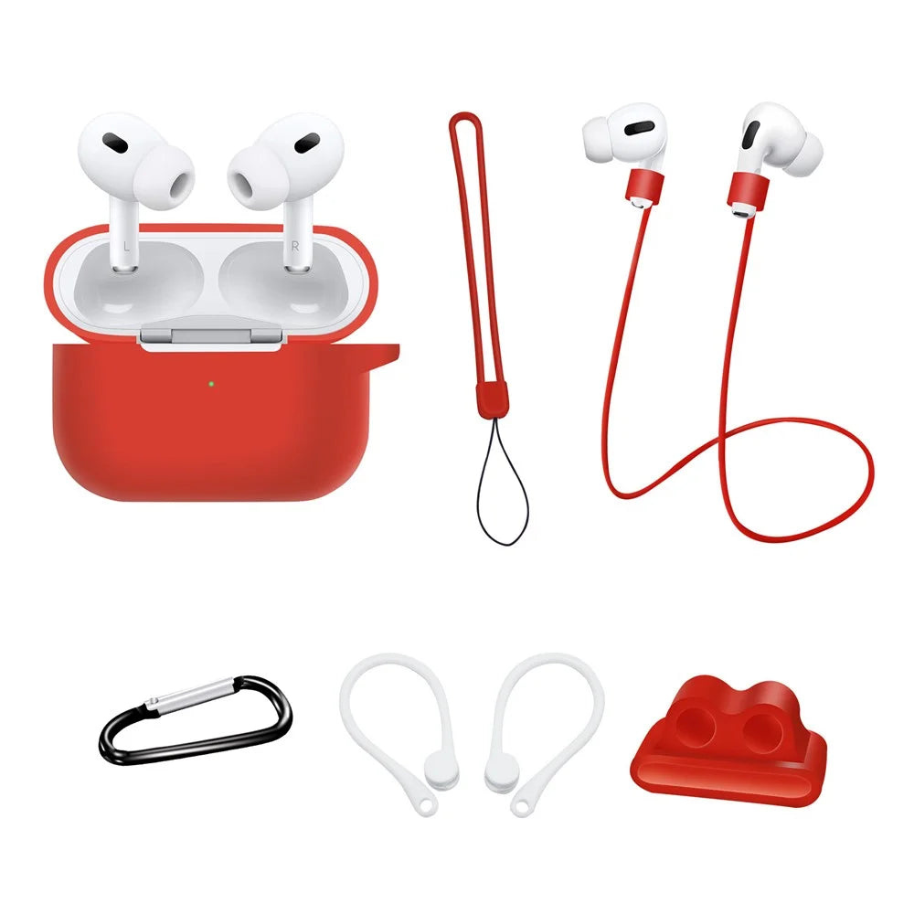For AirPods Pro 2 Silicone Cover Neck Rope Hanging Buckle Ear Hook 6-in-1 Anti-lost Accessories Kit - Red - 1
