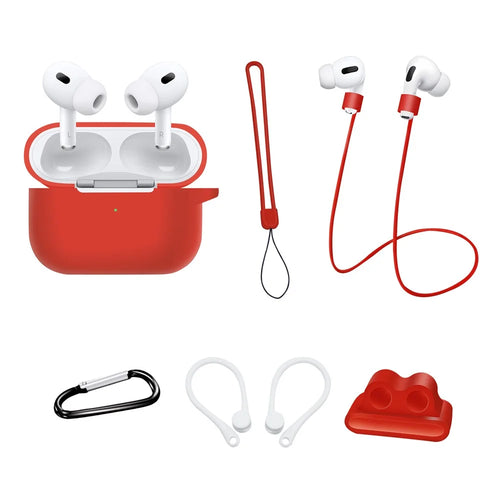 For AirPods Pro 2 Silicone Cover Neck Rope Hanging Buckle Ear Hook 6-in-1 Anti-lost Accessories Kit - Red - 1