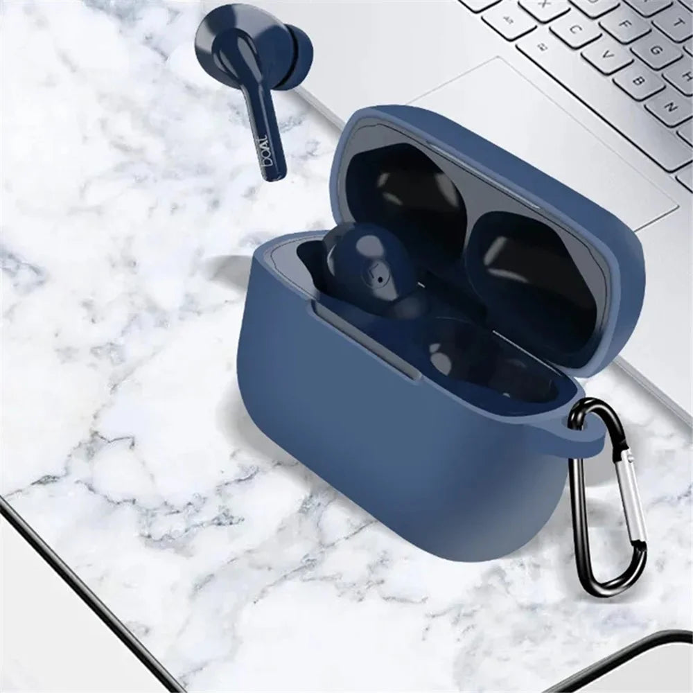 Anti-dust Silicone Cover for BOAT Airdopes 161 Bluetooth-compatible Earphone Protective Sleeve with Carabiner - Dark Blue - 3