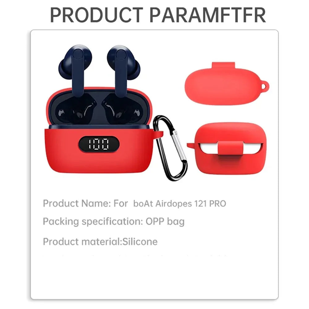 Drop-proof Silicone Cover for BOAT Airdopes 121 Pro Bluetooth-compatible Earphone Protective Sleeve with Carabiner - Red - 7