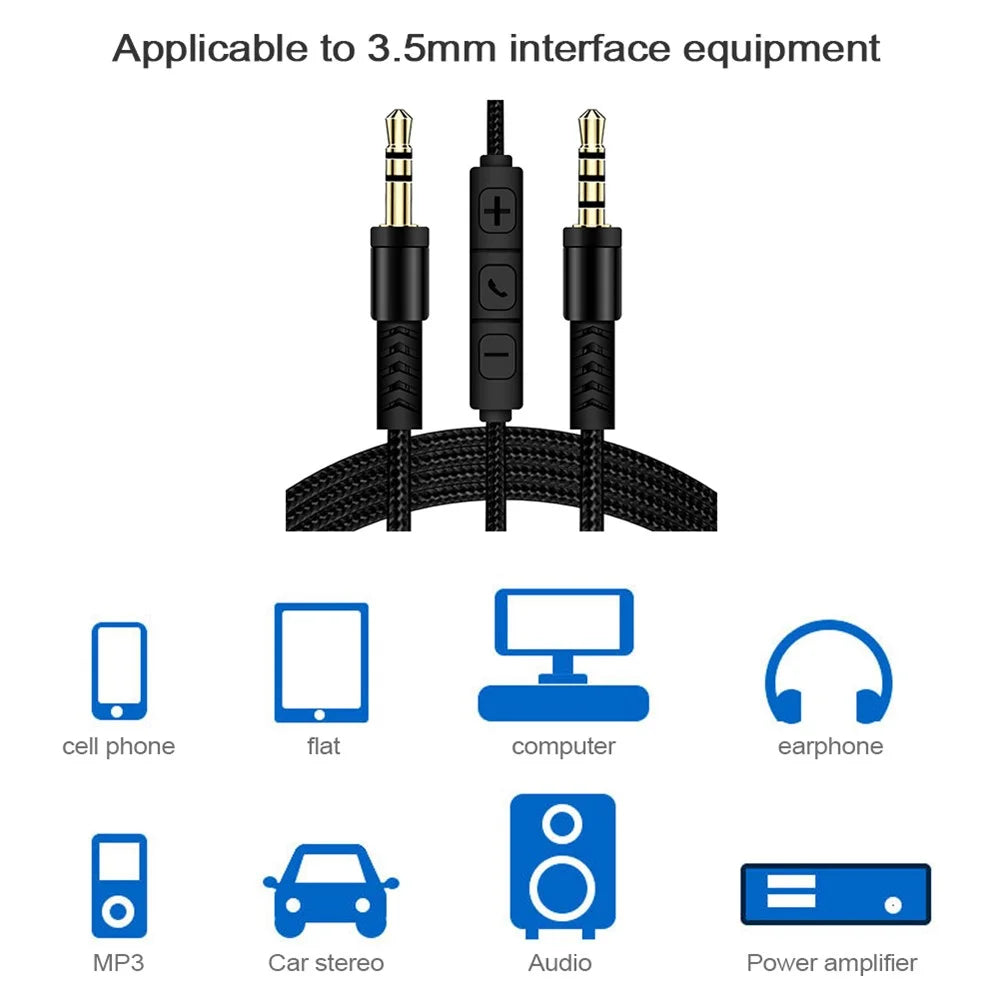 1.2m 3.5mm to 3.5mm Male to Male Stereo Audio Aux Cable Headphone Cord with Press Key Volume Control Mic - Black - 3