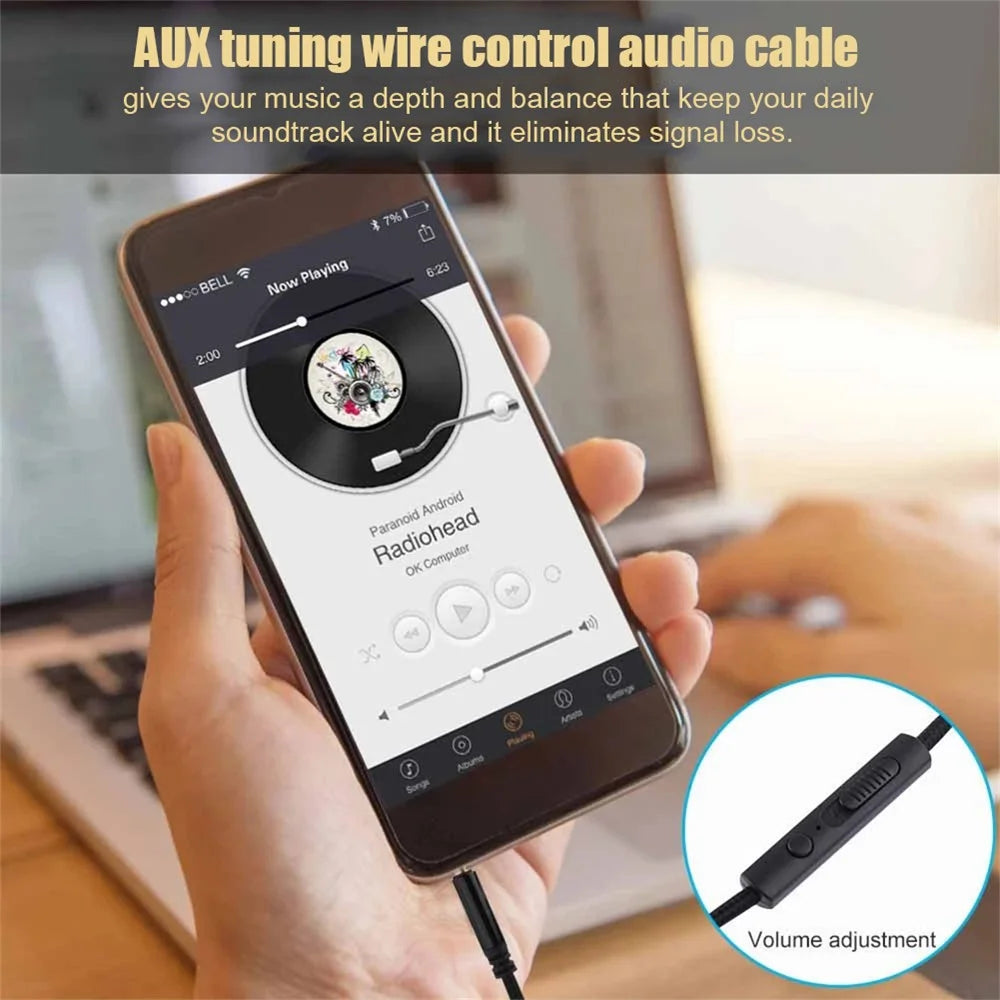 1.2m Earphone Cable Audio Extension Cable Jack 3.5mm to 3.5mm Male to Male Aux Cable Cord with Sliding Volume Control Mic - Black - 4