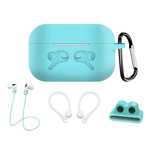 5-in-1 Silicone Case for Apple AirPods Pro Protective Case Set with Neck Strap, Earphone Holder - Mint Green - 1
