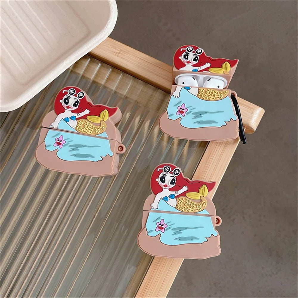 Earphone Silicone Case for Apple AirPods Pro , Cute Mermaid Design Bluetooth-compatible Earphone Cover with Carabiner - 6
