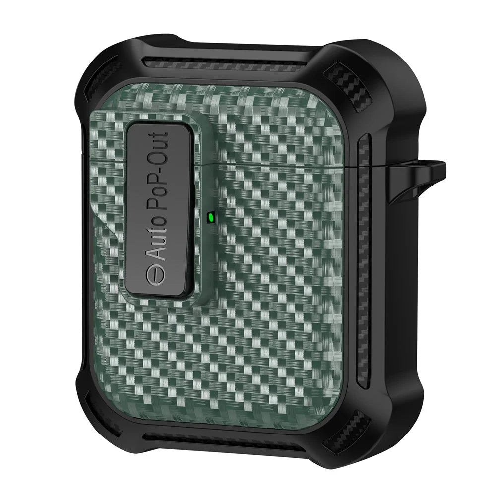 For AirPods with Wireless Charging Case (2019) / AirPods with Charging Case (2019) / (2016) Pressing Buckle Case Carbon Fiber Texture Cover - Green - 1