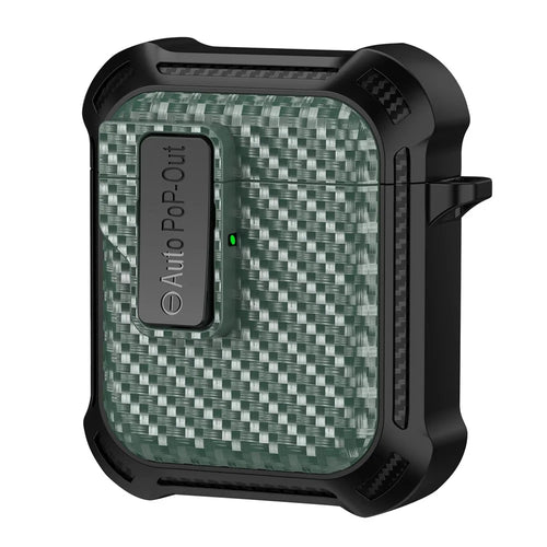 For AirPods with Wireless Charging Case (2019) / AirPods with Charging Case (2019) / (2016) Pressing Buckle Case Carbon Fiber Texture Cover - Green - 1