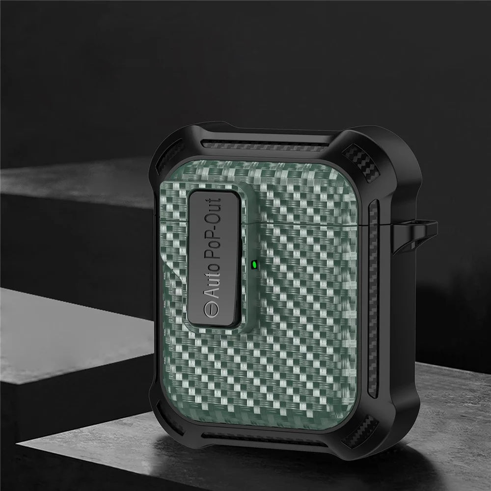 For AirPods with Wireless Charging Case (2019) / AirPods with Charging Case (2019) / (2016) Pressing Buckle Case Carbon Fiber Texture Cover - Green - 2