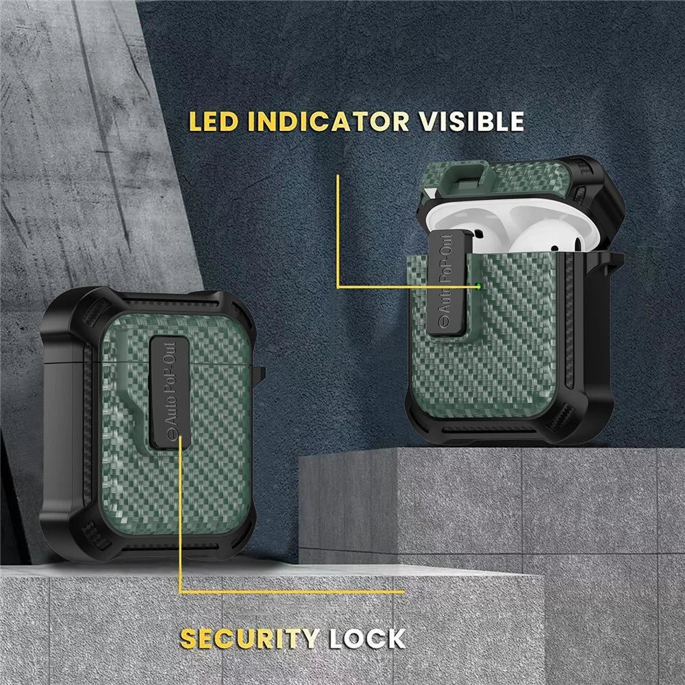 For AirPods with Wireless Charging Case (2019) / AirPods with Charging Case (2019) / (2016) Pressing Buckle Case Carbon Fiber Texture Cover - Green - 3