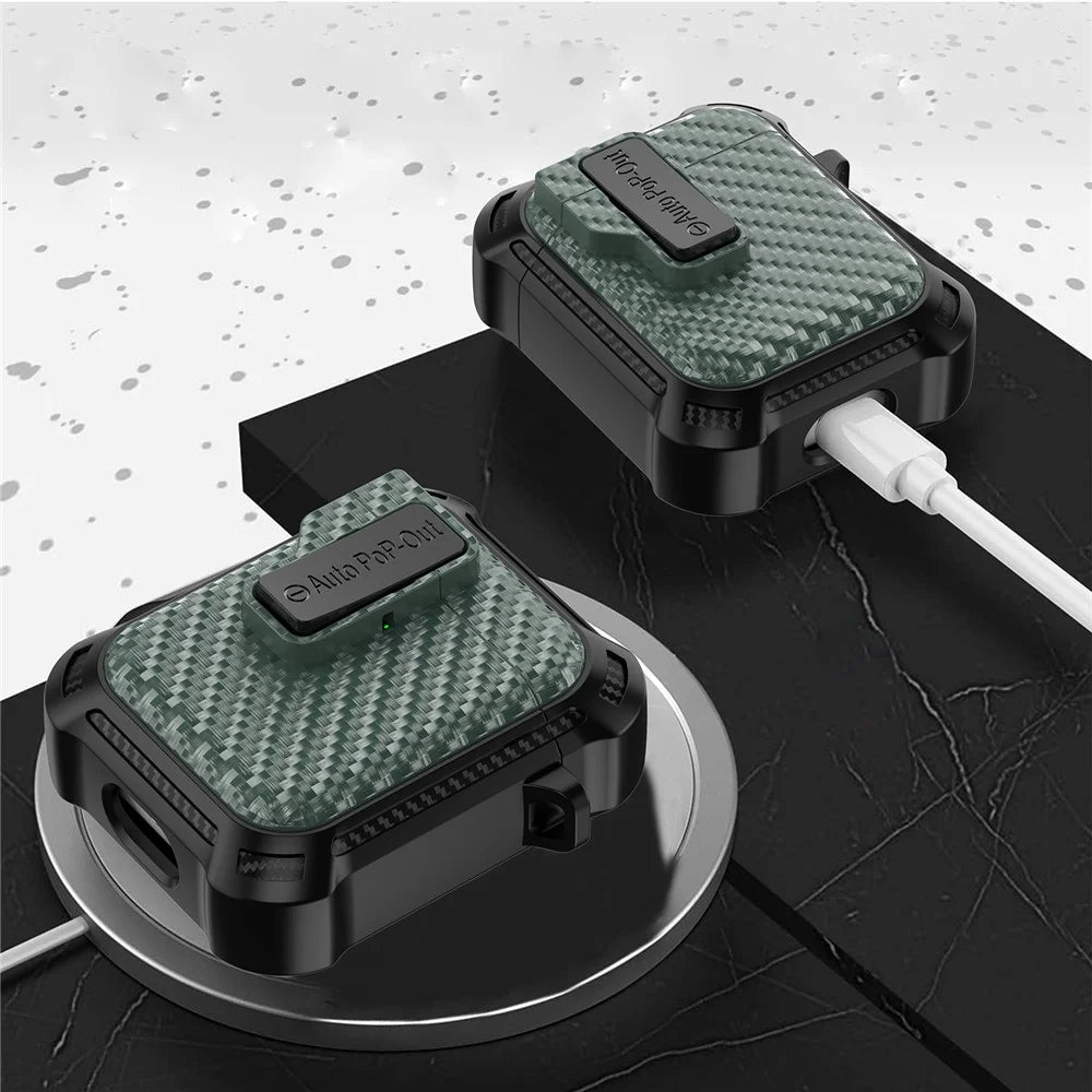 For AirPods with Wireless Charging Case (2019) / AirPods with Charging Case (2019) / (2016) Pressing Buckle Case Carbon Fiber Texture Cover - Green - 4