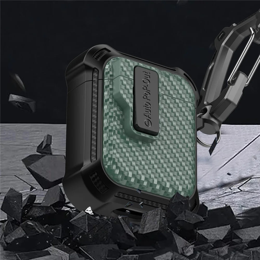 For AirPods with Wireless Charging Case (2019) / AirPods with Charging Case (2019) / (2016) Pressing Buckle Case Carbon Fiber Texture Cover - Green - 5