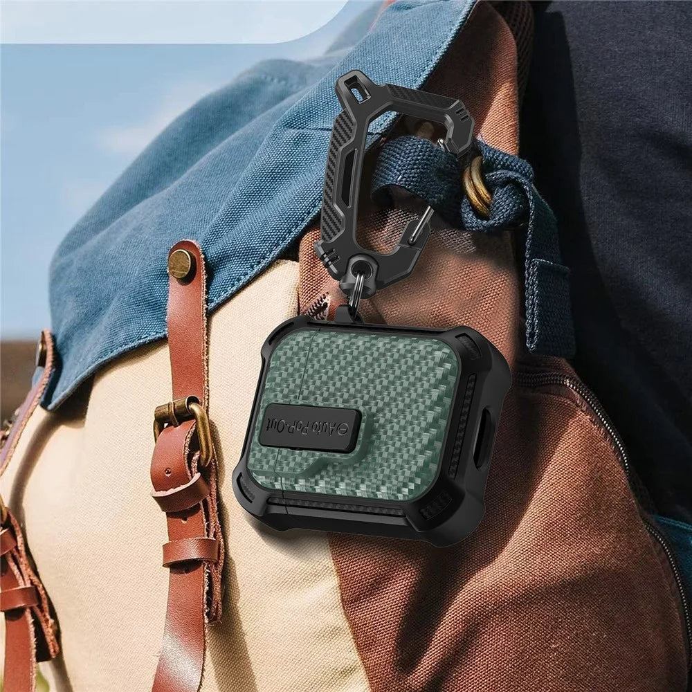 For AirPods with Wireless Charging Case (2019) / AirPods with Charging Case (2019) / (2016) Pressing Buckle Case Carbon Fiber Texture Cover - Green - 6