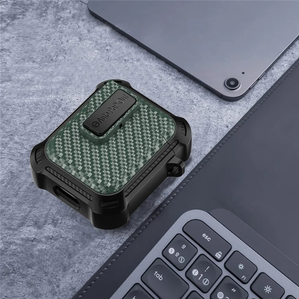 For AirPods with Wireless Charging Case (2019) / AirPods with Charging Case (2019) / (2016) Pressing Buckle Case Carbon Fiber Texture Cover - Green - 7