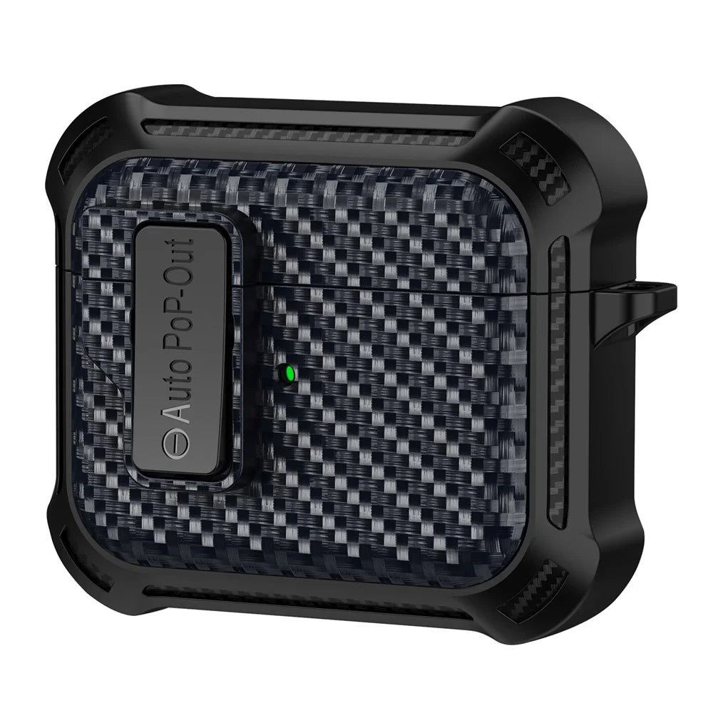 For Apple AirPods 3 Pressing Buckle TPU+PC Protective Case Carbon Fiber Texture Bluetooth-compatible Earphone Cover - Sapphire - 1