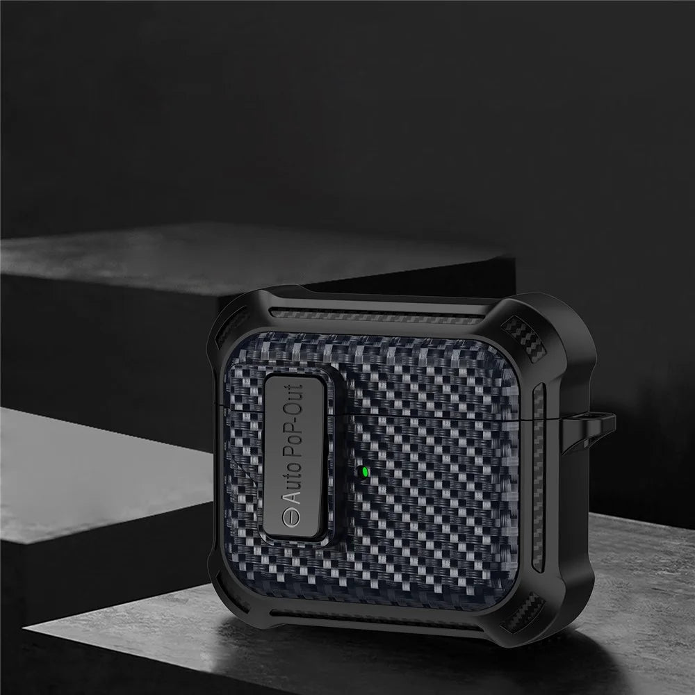 For Apple AirPods 3 Pressing Buckle TPU+PC Protective Case Carbon Fiber Texture Bluetooth-compatible Earphone Cover - Sapphire - 2