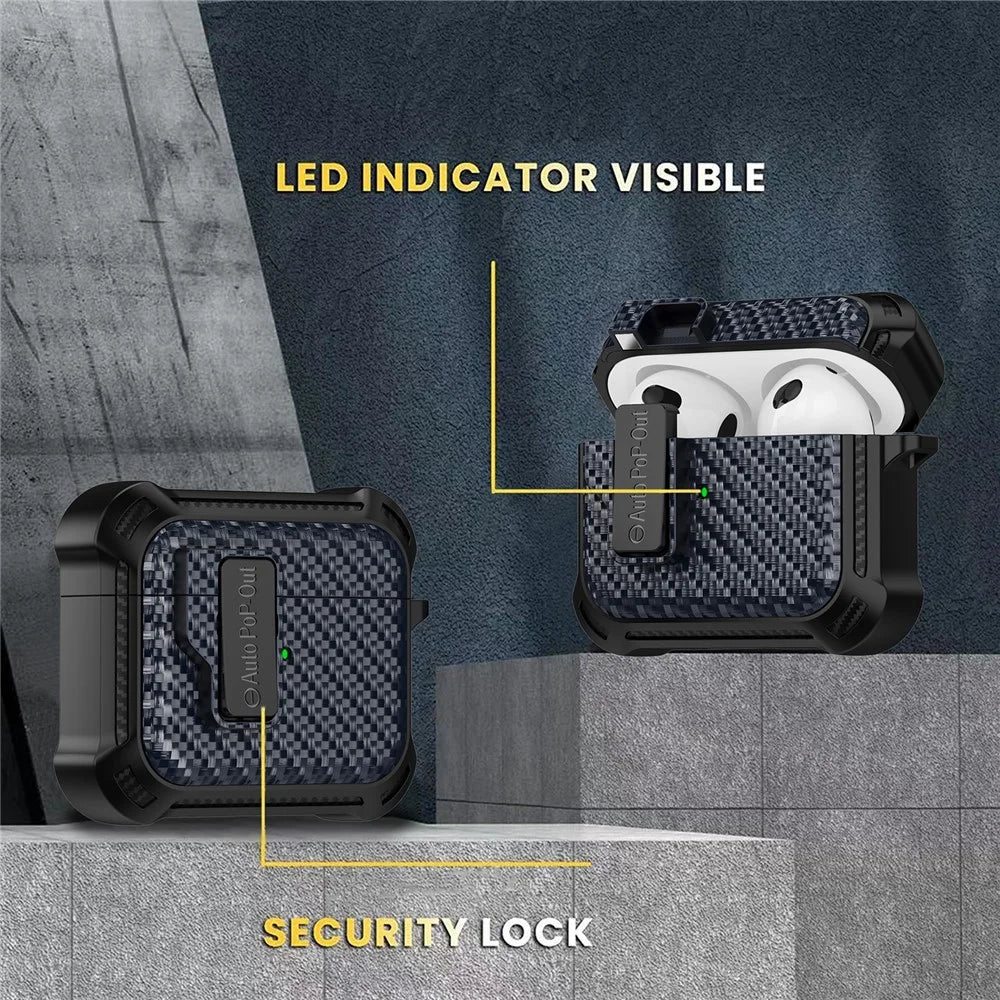 For Apple AirPods 3 Pressing Buckle TPU+PC Protective Case Carbon Fiber Texture Bluetooth-compatible Earphone Cover - Sapphire - 3
