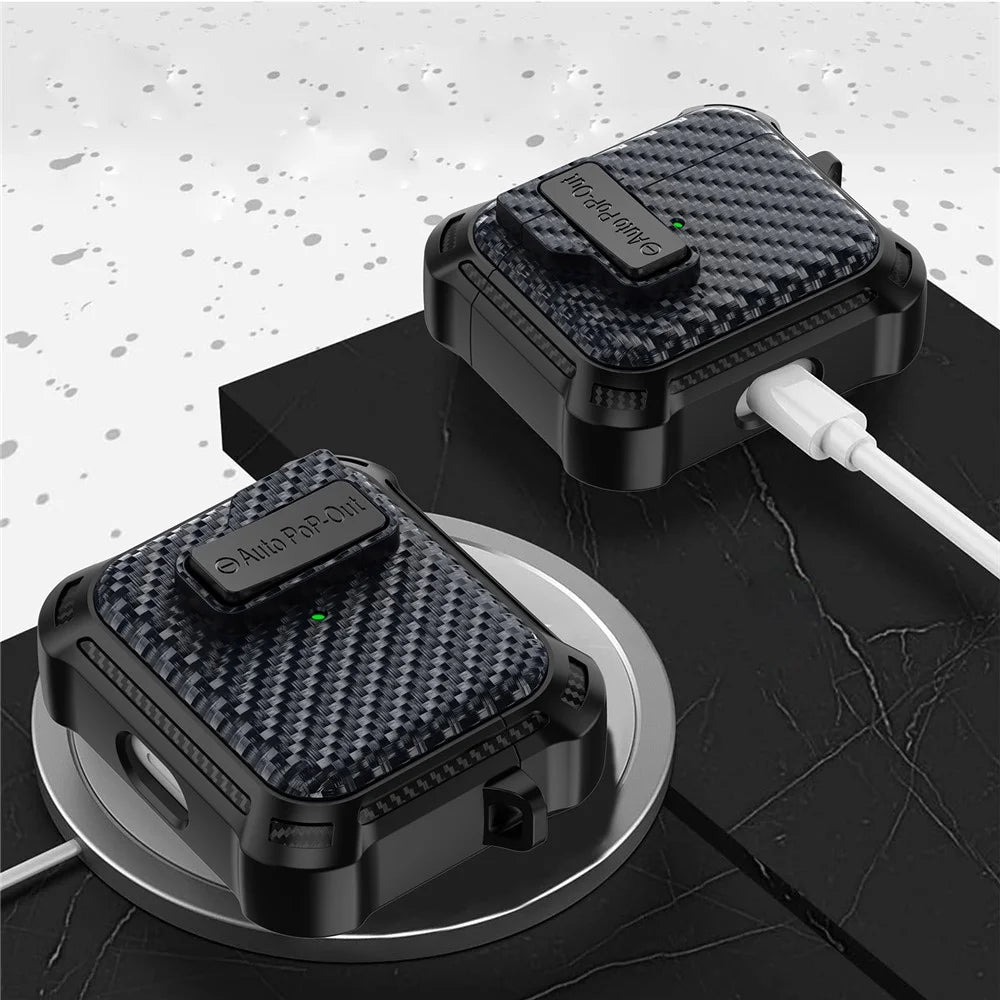 For Apple AirPods 3 Pressing Buckle TPU+PC Protective Case Carbon Fiber Texture Bluetooth-compatible Earphone Cover - Sapphire - 4