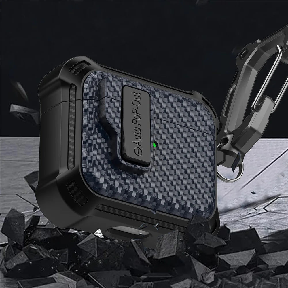 For Apple AirPods 3 Pressing Buckle TPU+PC Protective Case Carbon Fiber Texture Bluetooth-compatible Earphone Cover - Sapphire - 5