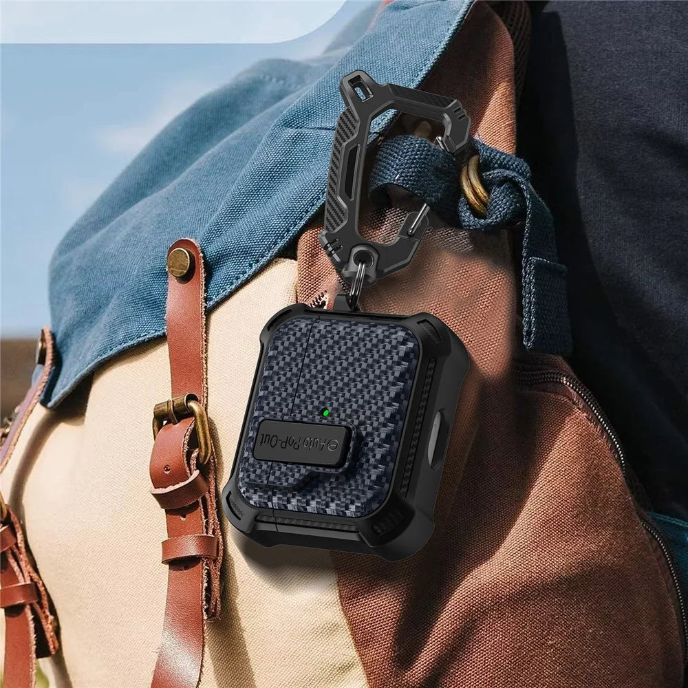 For Apple AirPods 3 Pressing Buckle TPU+PC Protective Case Carbon Fiber Texture Bluetooth-compatible Earphone Cover - Sapphire - 6